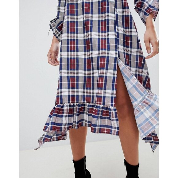 ASOS Soft Trapeze Midi Dress Pephem in Check Plaid Print Back Bow Ruffle Hem - Picture 10 of 12